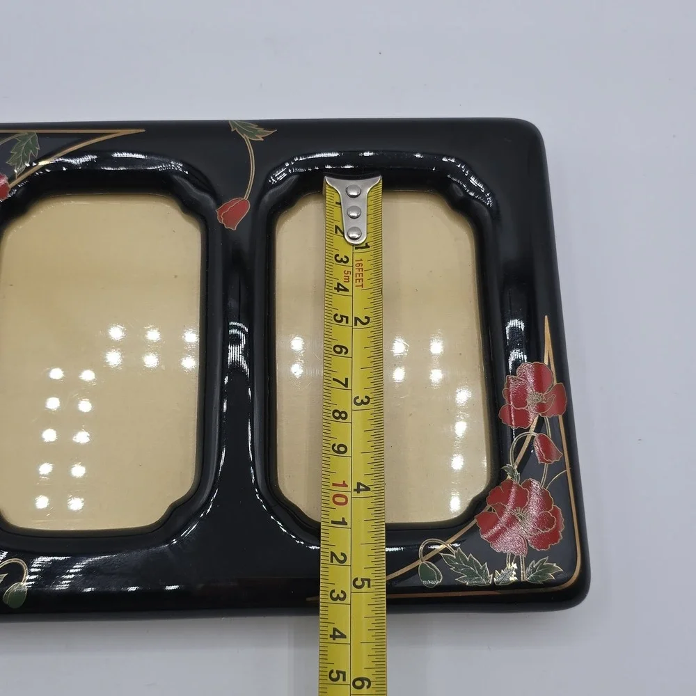 Vintage Double Photo Frame Black Ceramic Red Flowers Bird Japan Holds 4.5x3